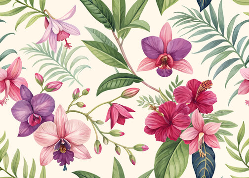 Elegant floral pattern featuring orchids hibiscus and fuchsia flowers with tropical green leaves design