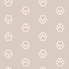 Cat, dog paw vector seamless pattern, footprint, icon. Beige cute children's illustration, background.
