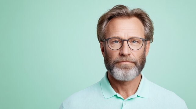 A mature man with glasses and a grey beard wears a mint green polo shirt against a solid light green background.