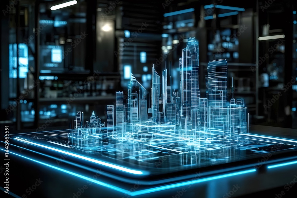 Aufkleber 未来都市の青い光 抽象的な3dデザイン 夜のテクノロジーネットワーク背景