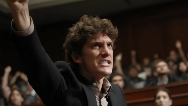 Passionate speaker in suit addressing a crowd of supporters with raised hands in an auditorium