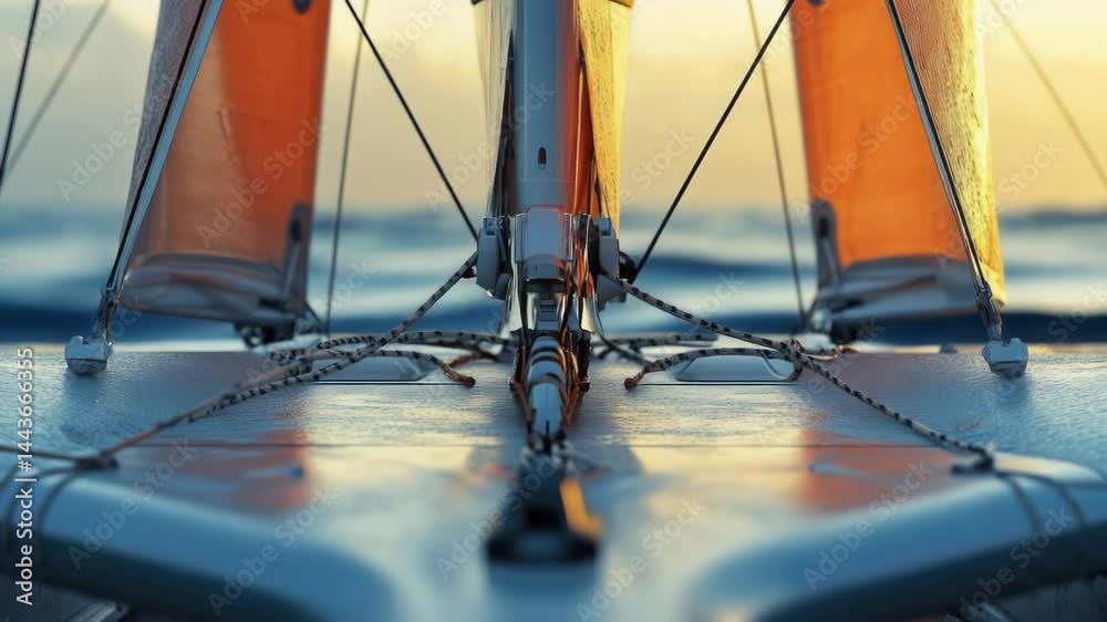 Poster close-up view of a sailboat's bow with ropes and lines