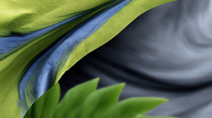Abstract textile design featuring a vibrant lime green fabric with marbled blue streaks, juxtaposed against a backdrop of flowing, muted grey fabric.  Fresh green leaves add a touch of nature