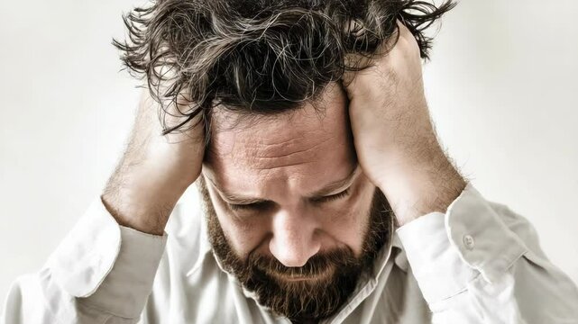 Man with a beard holding his head in his hands looks depressed, feeling stressed, tired and anxious, with unkempt hair and rumpled shirt.