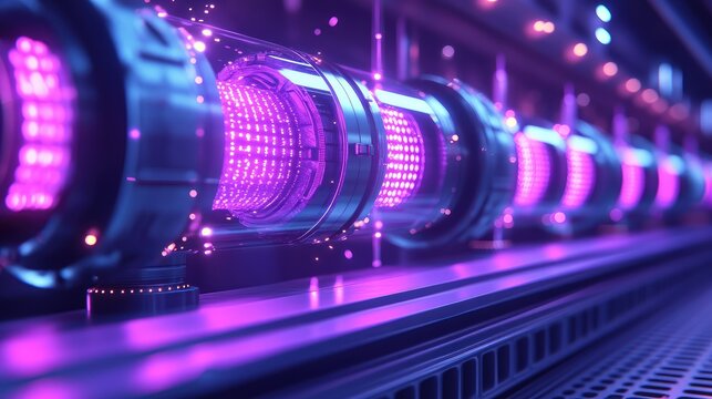Futuristic energy tubes glowing with vibrant purple light.  Intricate components and glowing particles create a high-tech, advanced aesthetic