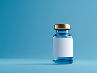 Glass medical vial with transparent blue liquid and blank white label on pastel blue background.