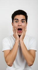 A surprised young man with dark hair and a white t-shirt looks shocked on a white background.