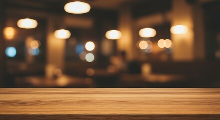 Wooden Table Surface in Restaurant with Bokeh Lights Background