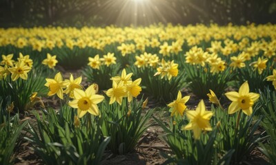 Obraz premium Sunny yellow daffodils burst forth in a verdant field , image, wildflowers
