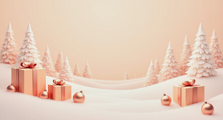 Holiday gifts and decorations in a winter landscape with snowy trees and soft pastel colors