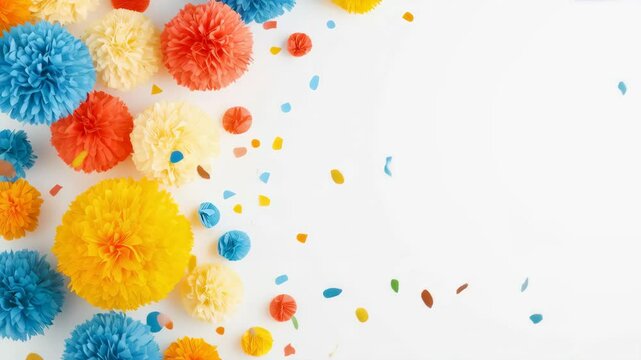 Colorful pompoms and confetti burst in dynamic celebration design