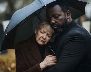 Medium shot of mourning multiethnic couple grieving at memorial ceremony. Senior woman clinging to Black mans shoulder hiding from rain under black umbrella at cemetery , revealing quiet artistry