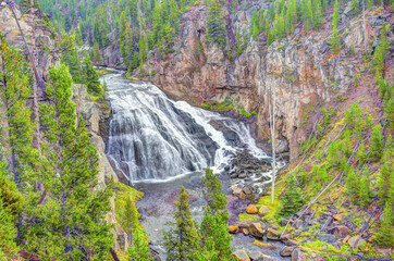 Gibbon Falls Waterfall Yellowstone National Park. Gibbon River Waterfalls, Yellowstone Caldera Rim, Madison Junction, Wyoming