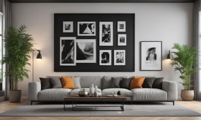 Modern living room, black frame gallery wall, mockup for artwork ,  white,  artwork