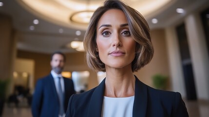 Obraz premium Confident businesswoman portrait bob haircut navy blazer neutral background professional attire serious expression indoor setting shallow depth of field elegant style corporate image