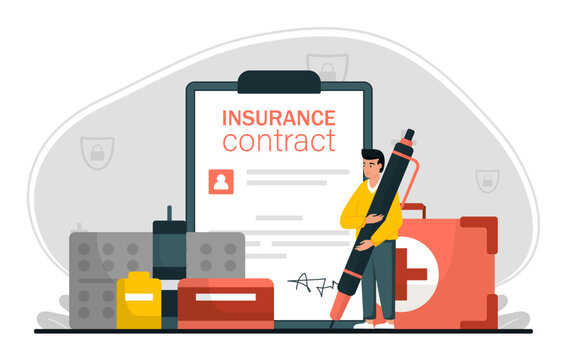 Health insurance policy scene. Man fill medical contract with giant pen. Healthcare, safety and protection. Agreement document. Financial coverage medicine and drugs. Flat isolated vector illustration