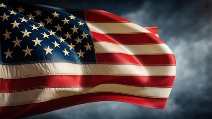 American flag waving in a stormy sky