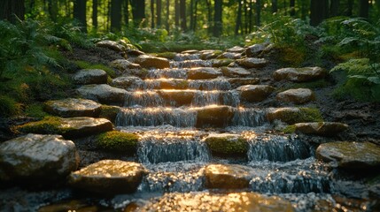 Tranquil stone steps cascade down a mossy forest stream