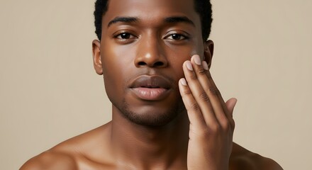 A close-up portrait of an african american man applying skincare cream to his face.