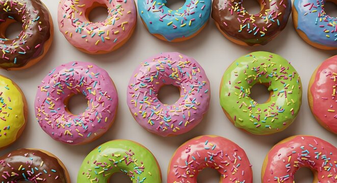 A delightful arrangement of colorful donuts with vibrant frosting and sprinkles, a treat for the eyes. - Powered by Adobe