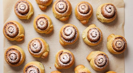 A top-down shot showcasing a collection of freshly baked cinnamon rolls on parchment paper.