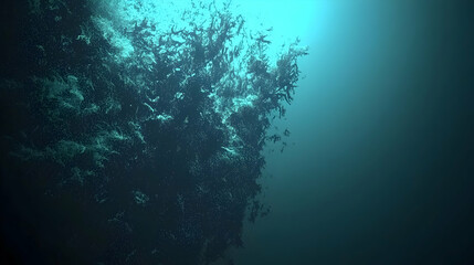 Naklejka premium Underwater dark reef, ocean, marine life, sunlight, background blur, scuba diving stock photo
