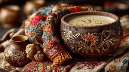 Camel milk served in a clay bowl on vibrant embroidered cloth, revealing rich traditions