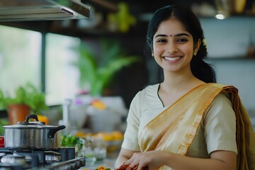 Portrait of happy Indian asian young woman wears saree while working in kitchen , showcasing serene balance
