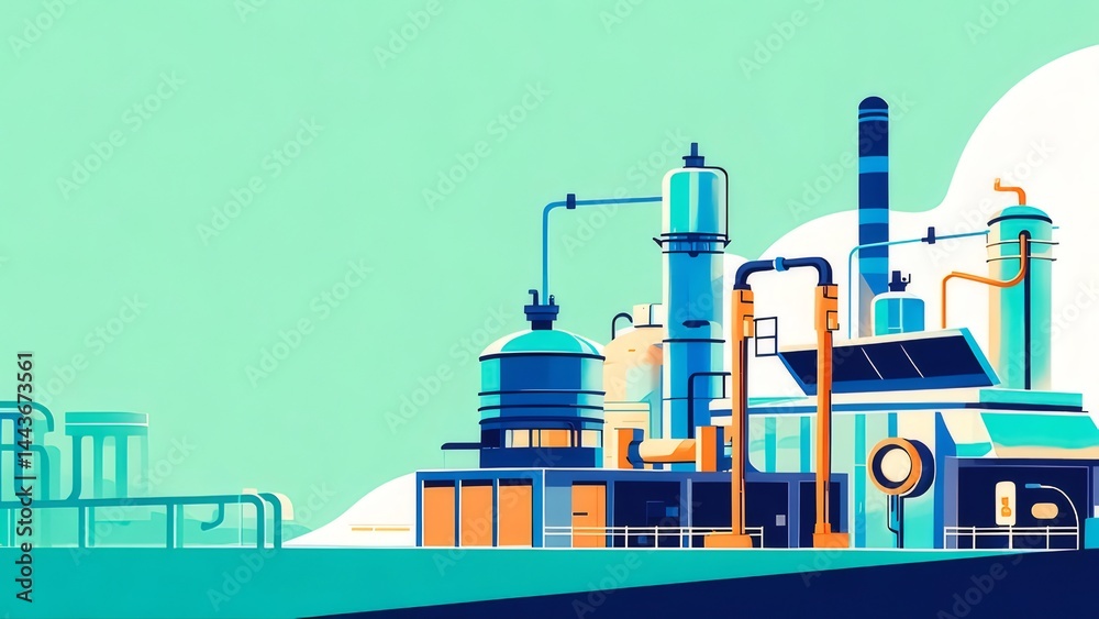 Poster 簡素化された青と緑の工場施設のイラスト 産業インフラの技術的な背景