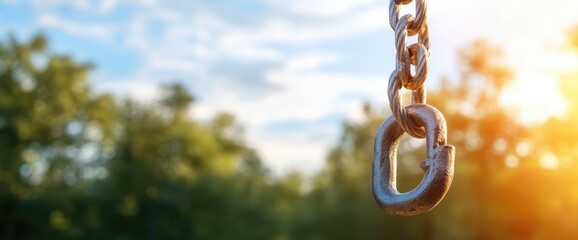 Obraz premium Hanging metal chain link against a natural sky symbolizing strength and industrial connection