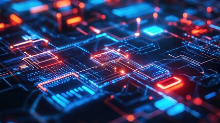 Abstract circuit board with glowing components