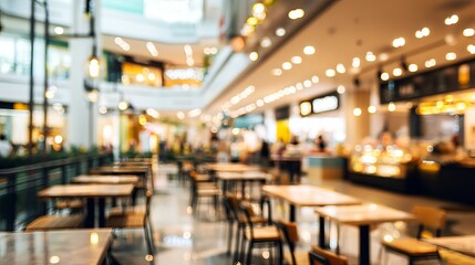 Fototapeta premium Blurred interior of a food court with tables chairs and lights hanging from the ceiling in a mall area
