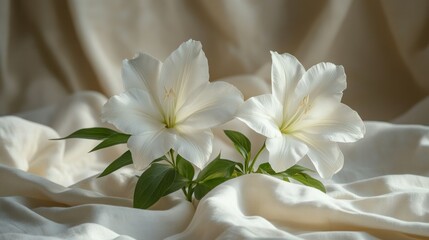 Two pristine white lilies on a draped fabric