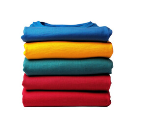 Colorful stacked t-shirts product top view isolated on transparent background