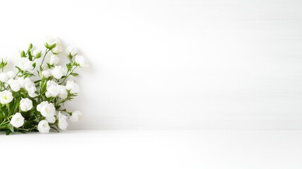 Fototapeta premium White Flowers Green Stems Minimalist Style High-Resolution Soft Lighting Horizontal Close-Up Shot Delicate Blooms White Background Pure Serenity Ideal for Wedding Invitations