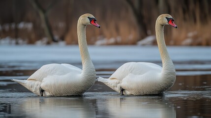 Two swans on frozen winter lake