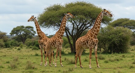 Obraz premium Giraffes Standing in Grassy Savannah Landscape