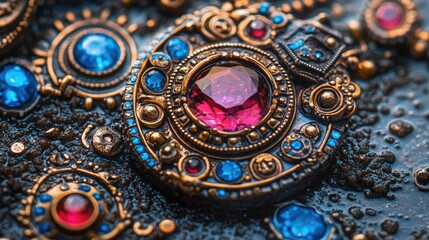 Obraz premium Ornate, detailed, golden brooch with sparkling gems. Close-up view of intricate, metallic design elements, accented with vibrant blue and red gemstones