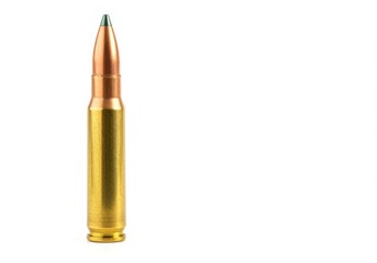 A detailed view of a single rifle cartridge, showcasing the bullet's copper and brass casing.