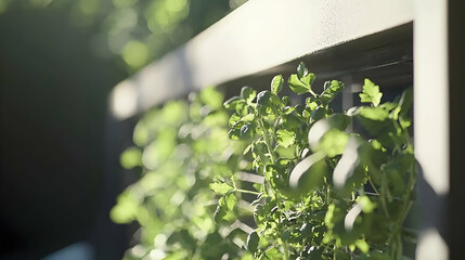 Sunlit herb garden wall, lush greenery, outdoor patio background, ideal for lifestyle blogs
