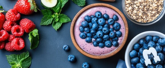 Healthy breakfast bowl with berries smoothie and granola food flat lay arrangement