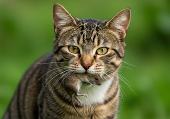 Obraz premium A close-up of a tabby cat with a mouse in its mouth, showcasing natural instincts.