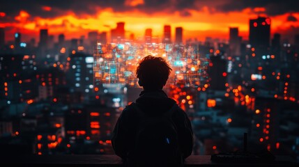 Urban futuristic cityscape with digital overlay