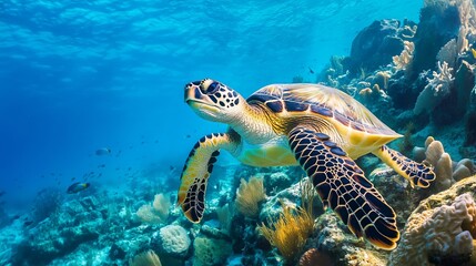 Fototapeta premium The Hawksbill sea turtle, the most beautiful resident of Cozumel Island's coral reefs, gliding gracefully through the vibrant underwater ecosystem.