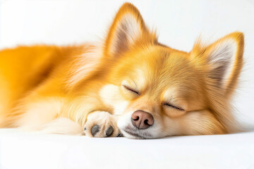 Naklejka premium Adorable fluffy dog sleeping peacefully on a comfortable white bed with closed eyes in soft light