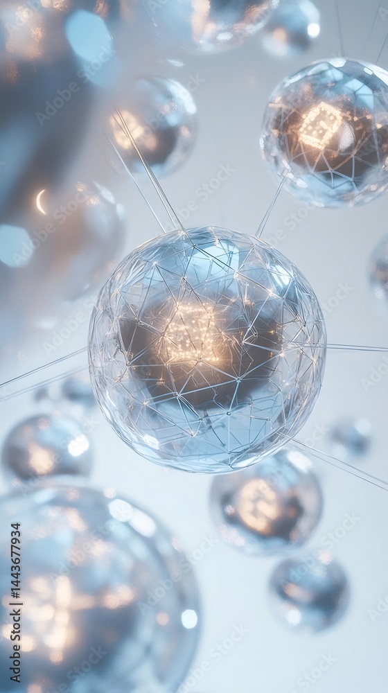Aufkleber 抽象的な青い球体の3dレンダリング背景に浮かぶ黄金のライトが輝く未来的デザイン