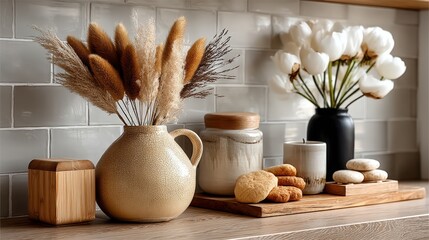Decorative Senegalese ceramic jug with dried grasses in modern kitchen setting