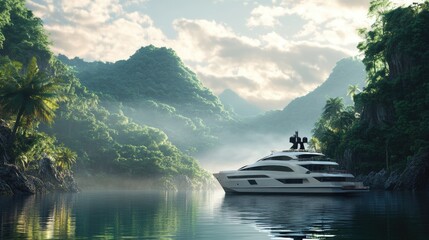 Obraz premium Luxury Yacht in Tropical Paradise: Secluded Bay, Calm Waters, Misty Morning