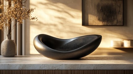 Elegant Black Stone Bowl, Modern Home Decor, Sunlit Interior