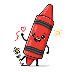 Happy red crayon holding a flower against a bright background  